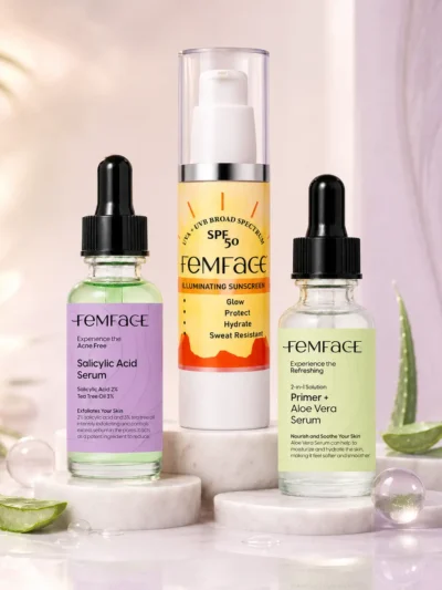 FemFace Acne and Oil Control Bundle with Salicylic Acid Serum, Aloe Vera Serum and SPF50 Sunscreen for oily acne-prone skin